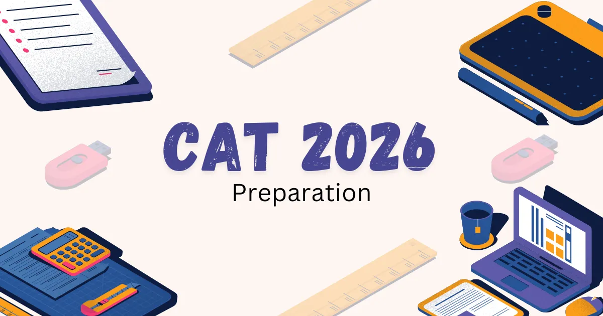 CAT 2026 preparation guide cover with notebooks, calculator, ruler, and laptop on desk